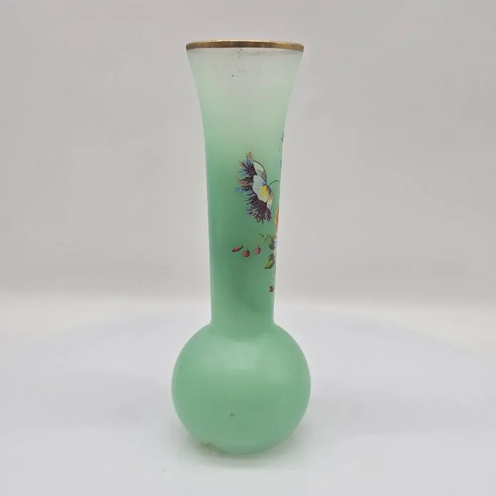 Vintage Frosted Glass Fluted Bud Vase with Flowers & Gold Rim Green 6